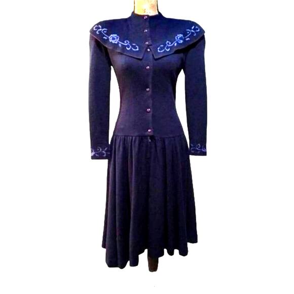 Young Woo Blue Asymmetrical Embroidered Collar Coat Dress XS - Picture 1 of 15
